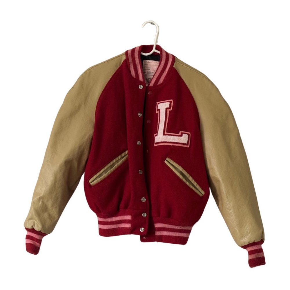 Vintage Delong Varsity Jacket Red Wool Body Leather Sleeve Collared Snap Button